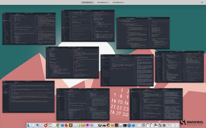 Screenshot des MacOS-Desktops mit neun Sublime-Fenstern